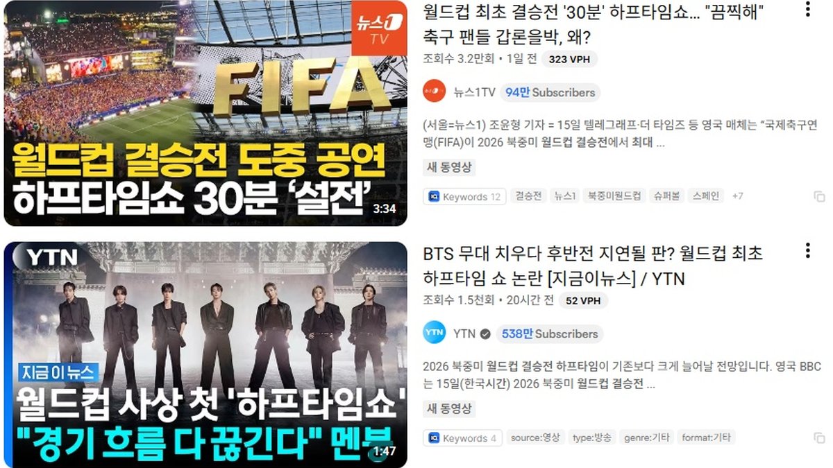 'BTS 공연' 역대급 월드컵 결승전 하프타임 쇼… 휴식 시간 최대 30분 연장 논란