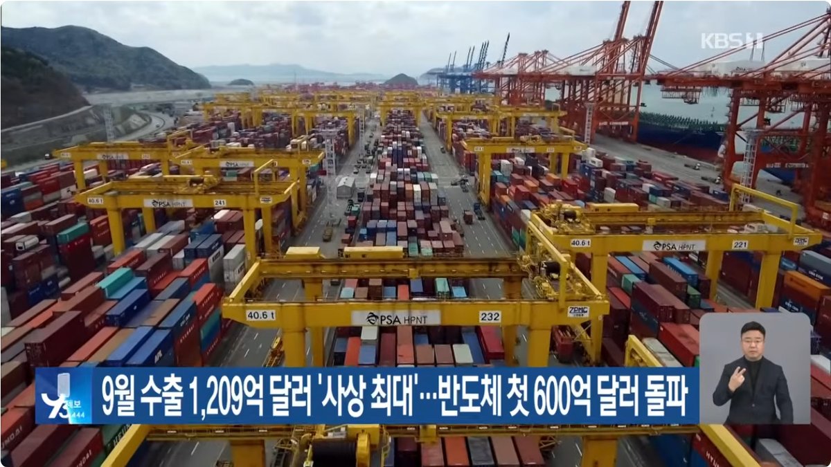 한국 9월 수출 1,209억 달러 ‘사상 최대’… 반도체만 603억 달러